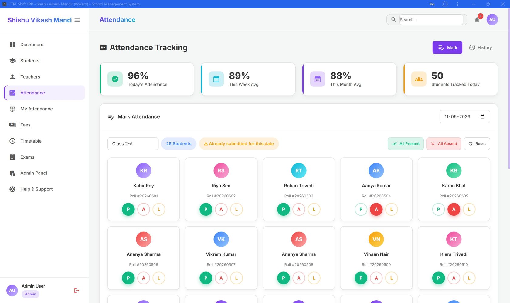 Attendance management tracking interface
